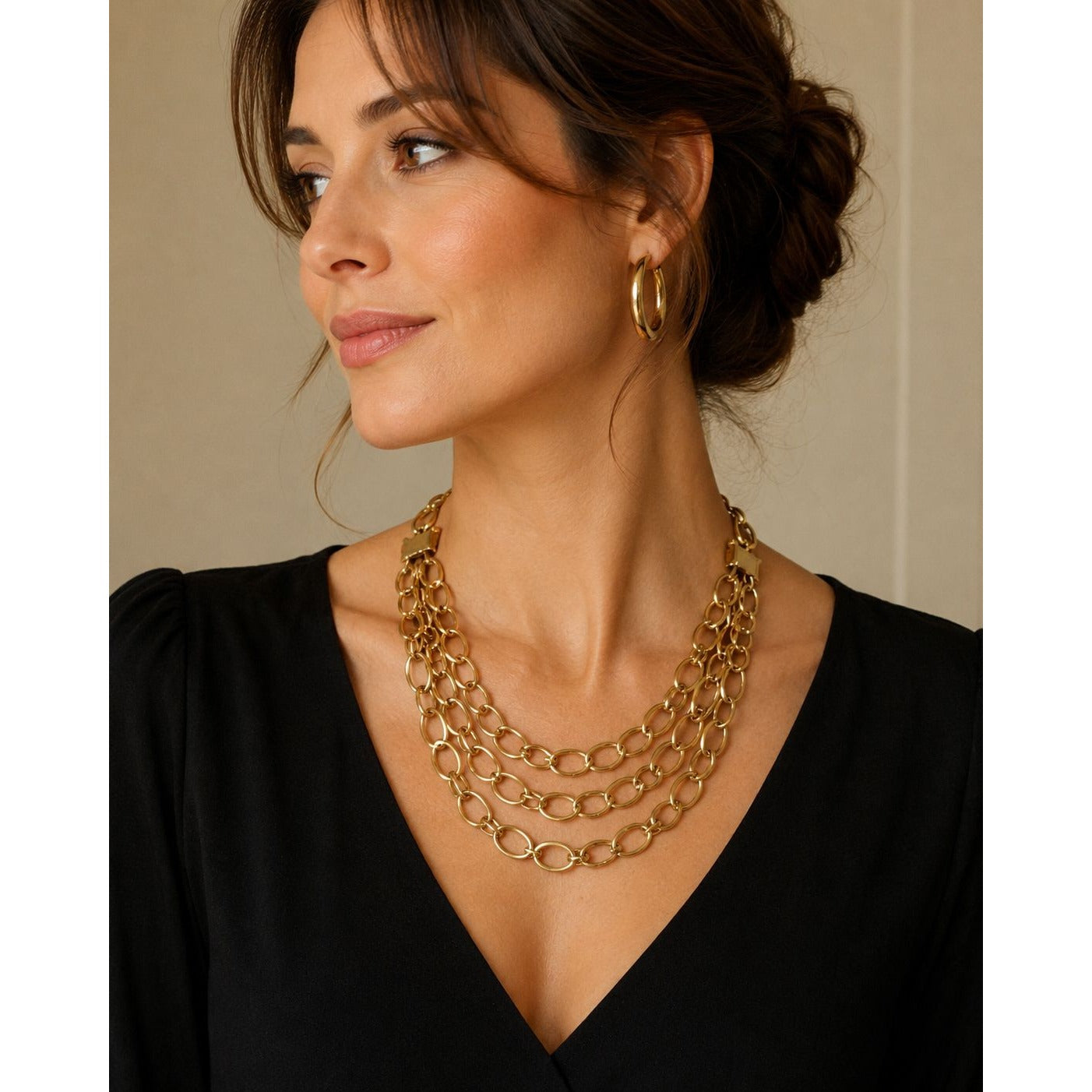 Vintage Gold Tone Multi Strand Chain Necklace Open Link Statement Necklace 14"