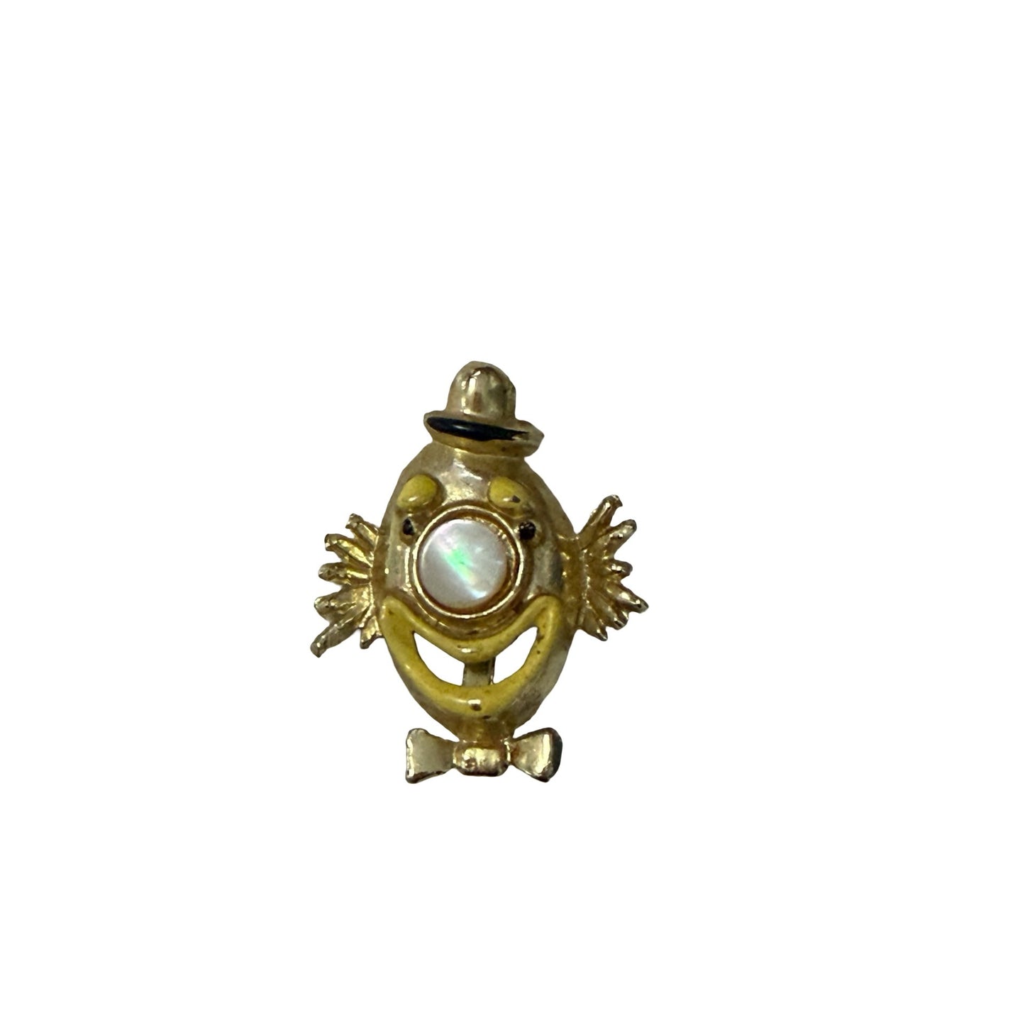 Vintage Gold Tone Anthropomorphic Egg Brooch Iridescent Cabochon Clown Pin