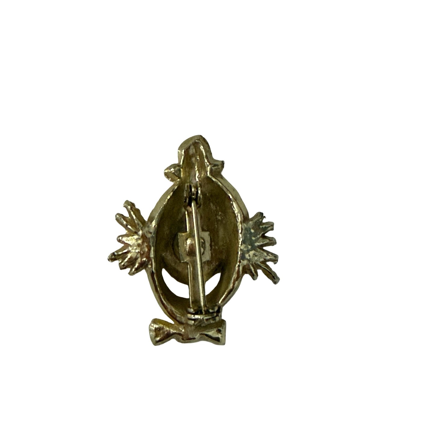 Vintage Gold Tone Anthropomorphic Egg Brooch Iridescent Cabochon Clown Pin