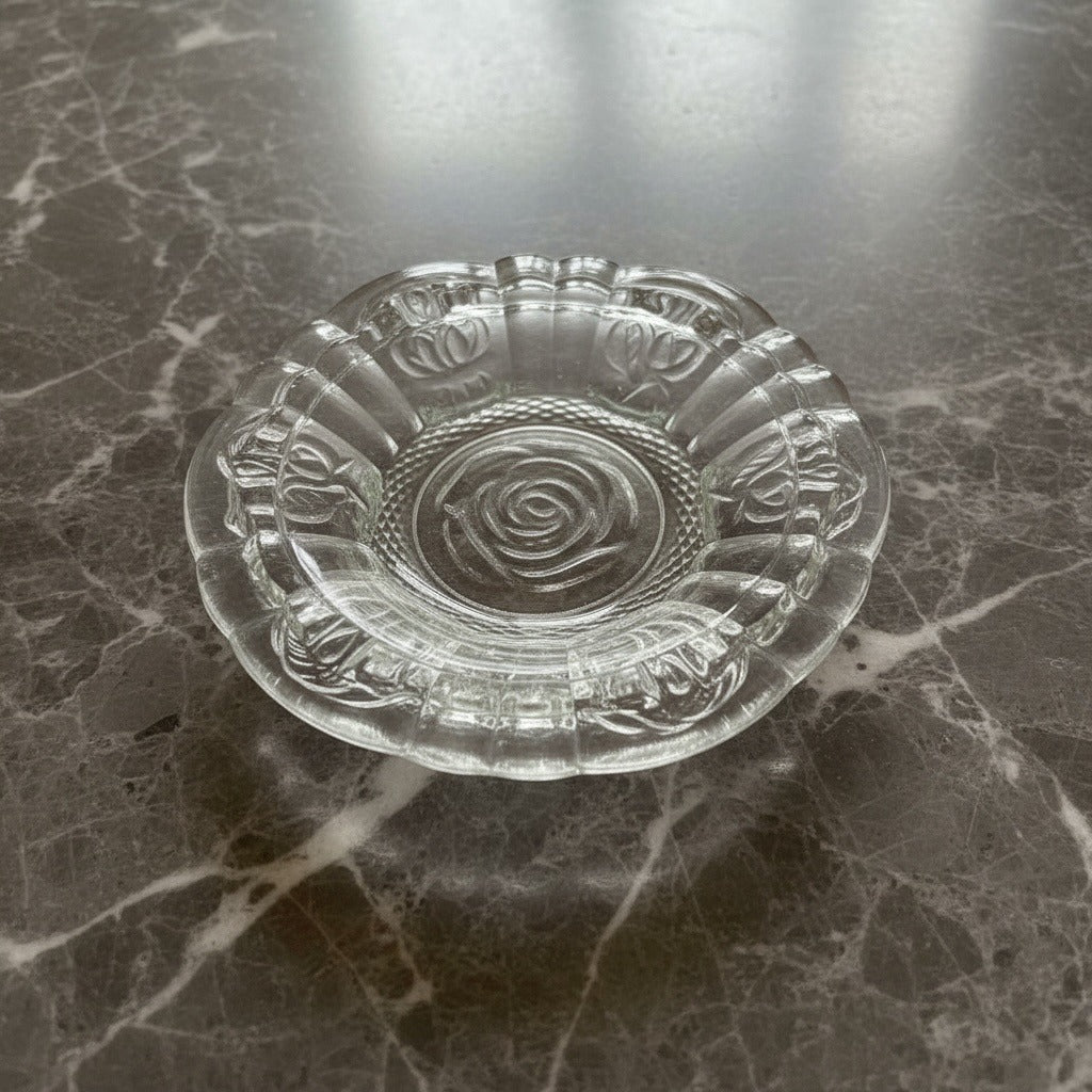 Vintage Pressed Glass Rose Motif Ashtray Clear Floral Dish
