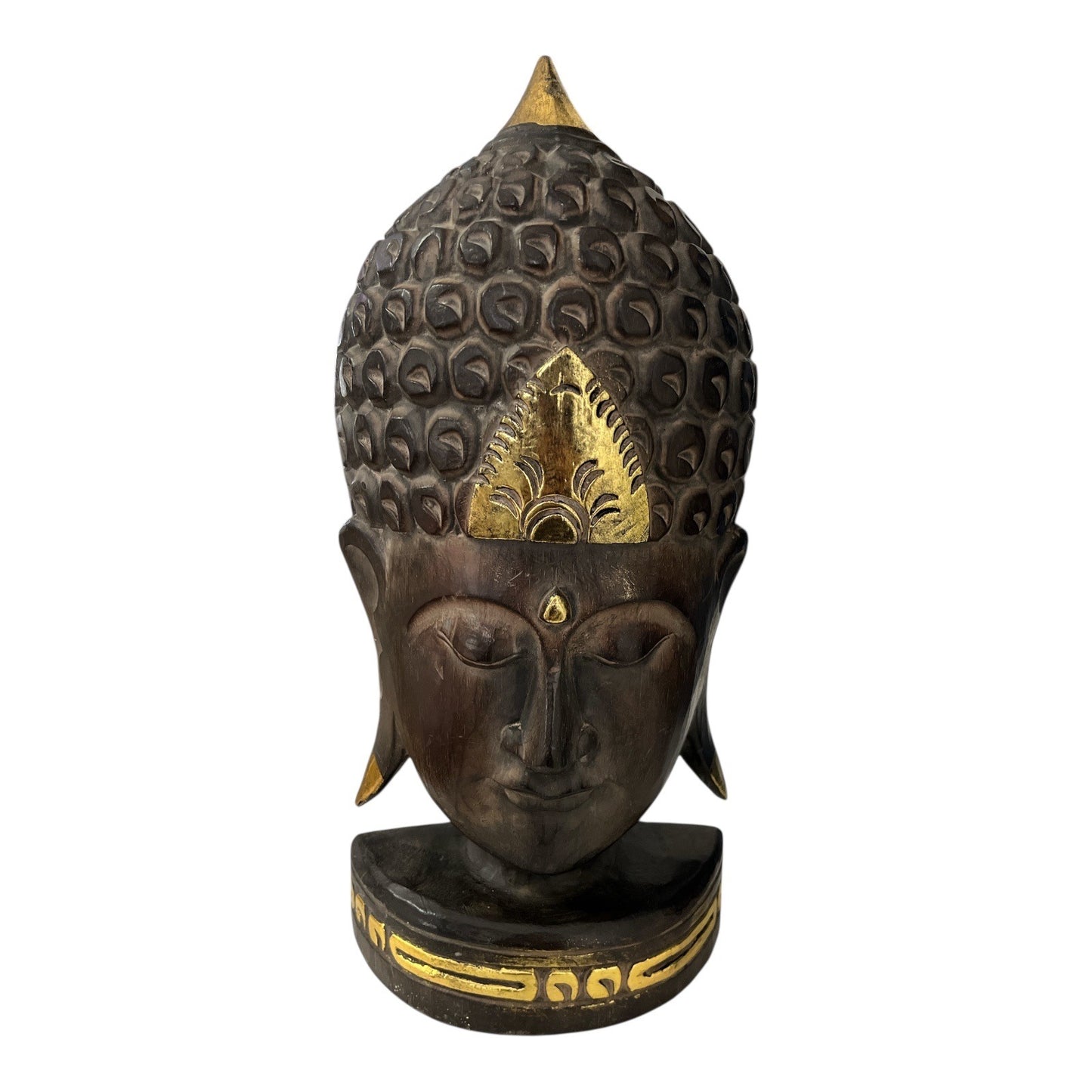 Vintage Early 2000s Hand-Carved Wooden Buddha Head Sculpture – Dark Brown & Gold Accents – 15.5”