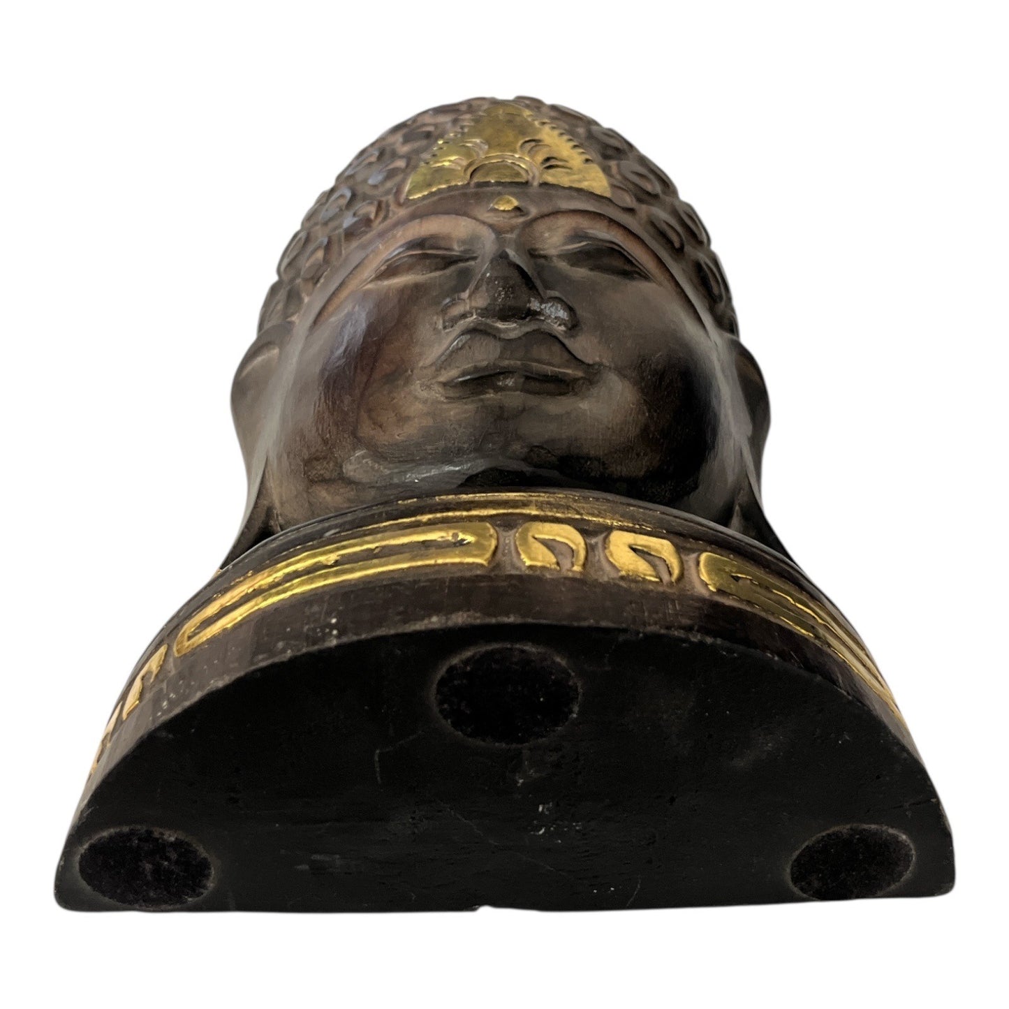 Vintage Early 2000s Hand-Carved Wooden Buddha Head Sculpture – Dark Brown & Gold Accents – 15.5”