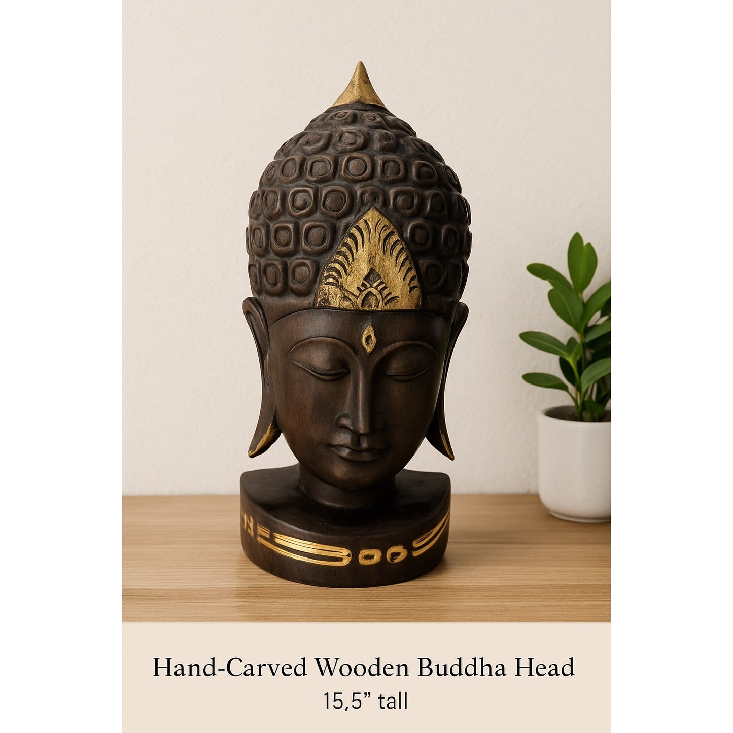 Vintage Early 2000s Hand-Carved Wooden Buddha Head Sculpture – Dark Brown & Gold Accents – 15.5”