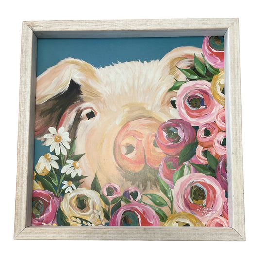 Pig in Flowers Framed Wall Art by Michele Norman – 13” Square