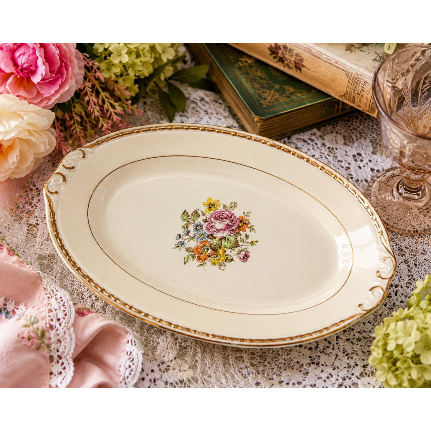 Homer Laughlin Georgian Eggshell Floral Oval Vegetable Bowl Serving Dish 9.5"x6"