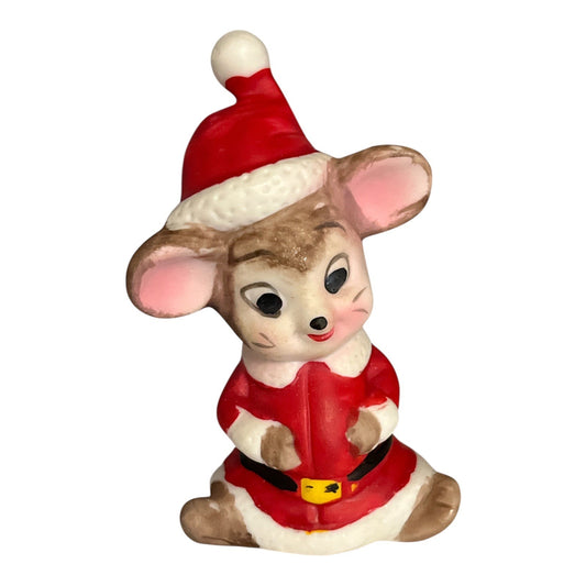 Vintage Christmas Mouse Figurine Santa Suit Ceramic Holiday Decor 3.5 Inch