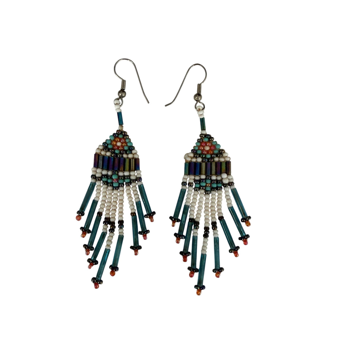 Vintage Southwestern Hand Beaded Fringe Earrings Teal Bugle Seed Beads 3"