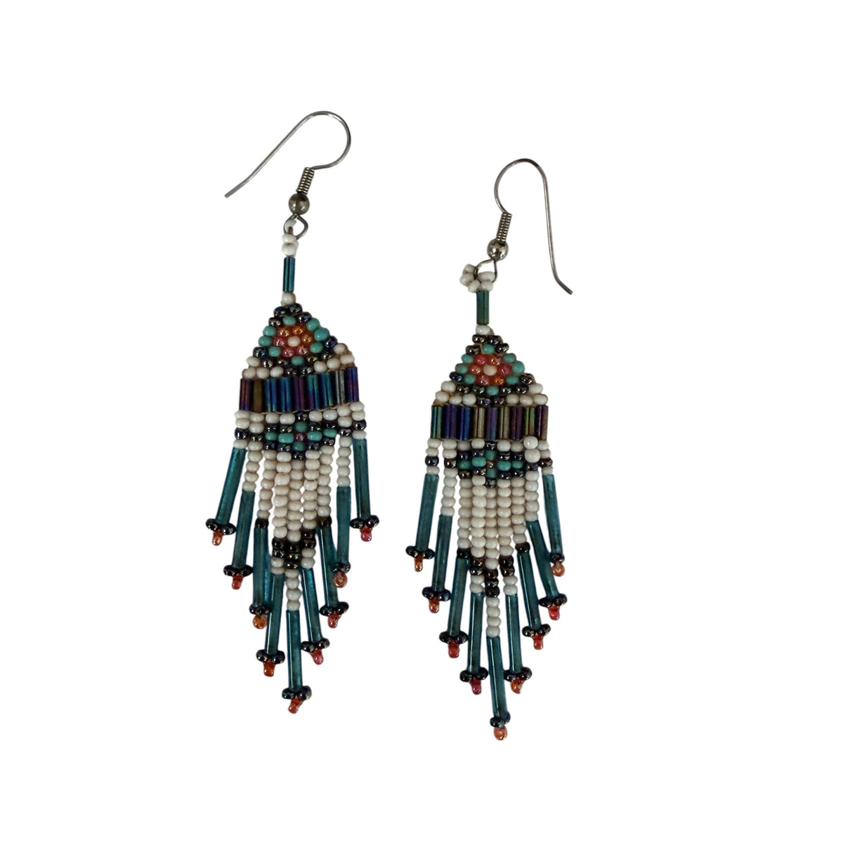 Vintage Southwestern Hand Beaded Fringe Earrings Teal Bugle Seed Beads 3"