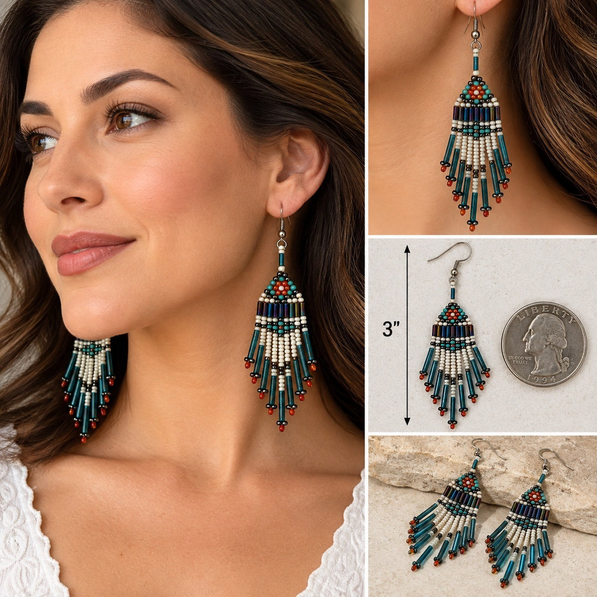 Vintage Southwestern Hand Beaded Fringe Earrings Teal Bugle Seed Beads 3"