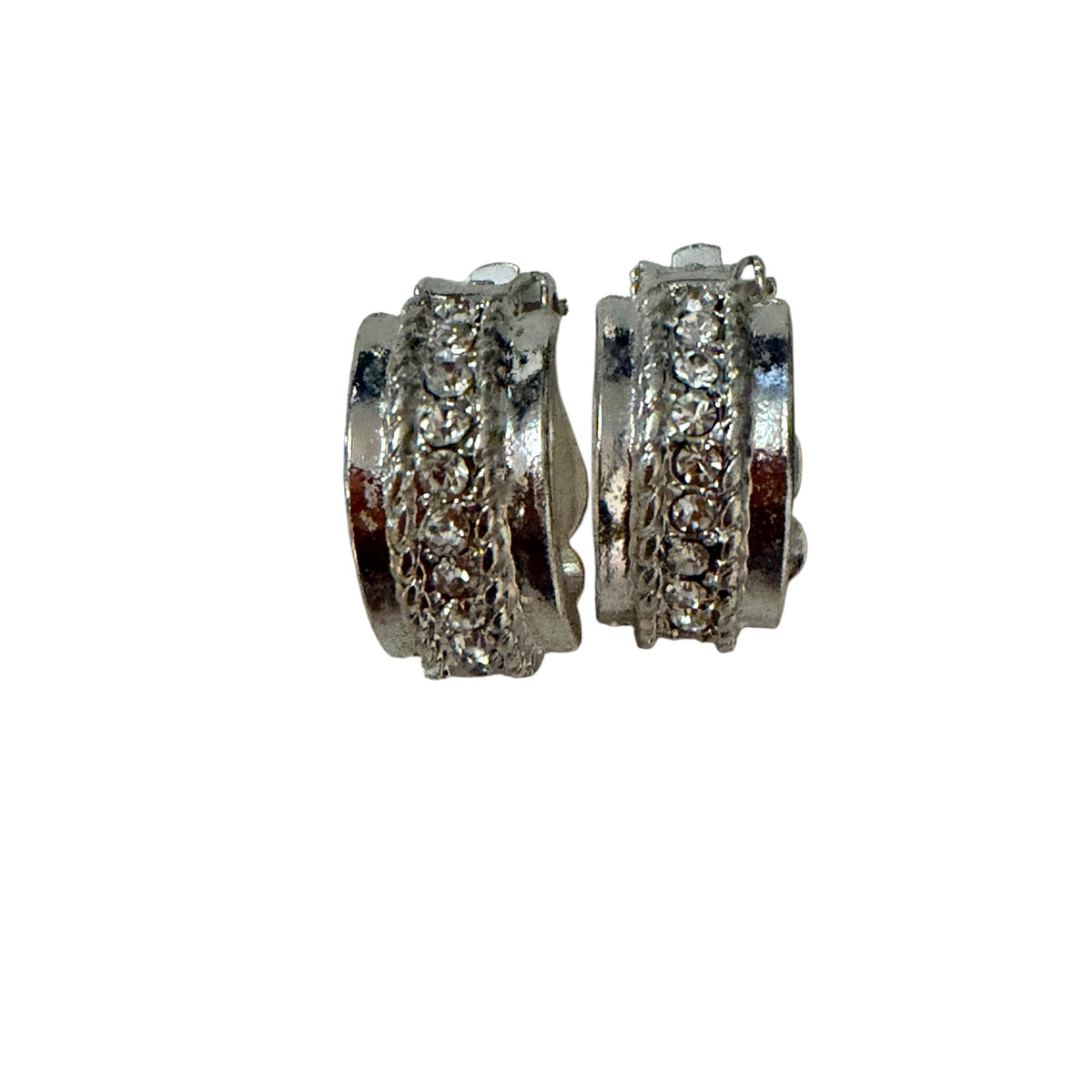 Vintage Silver Tone Rhinestone Half Hoop Clip On Earrings Padded Huggie Style