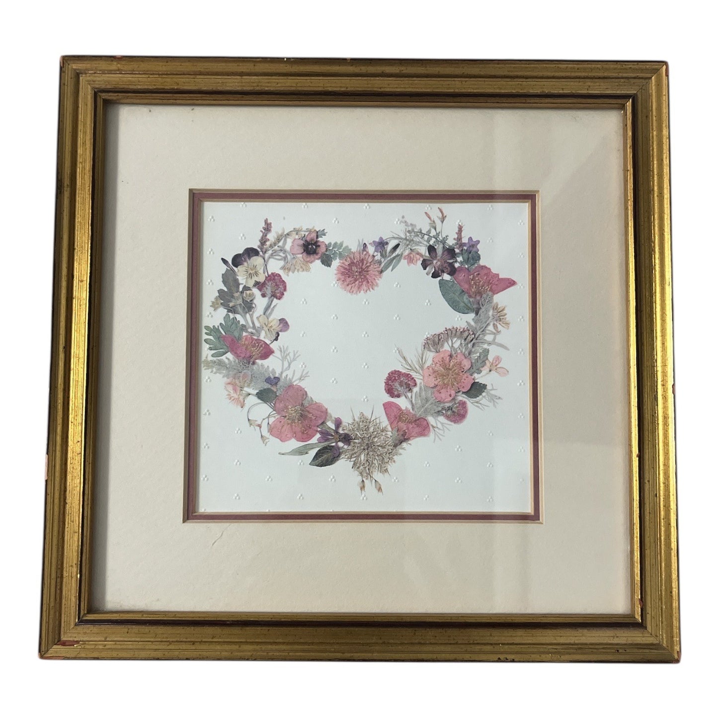 Framed Floral Heart Print Gold Tone Frame Vintage Cottage Style Wall Art