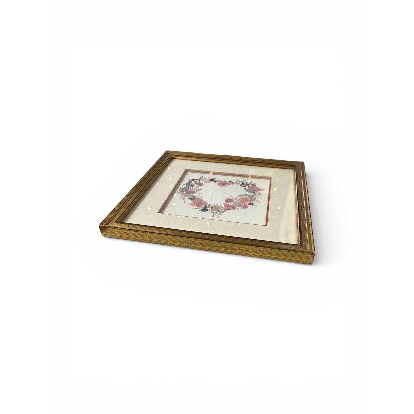 Framed Floral Heart Print Gold Tone Frame Vintage Cottage Style Wall Art