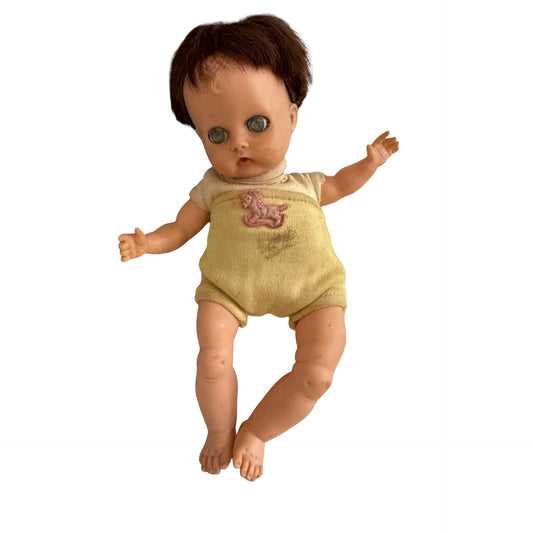 Vintage Vogue Doll Inc. Ginny Baby Doll 9” Sleep Eyes Brown Hair Yellow Romper