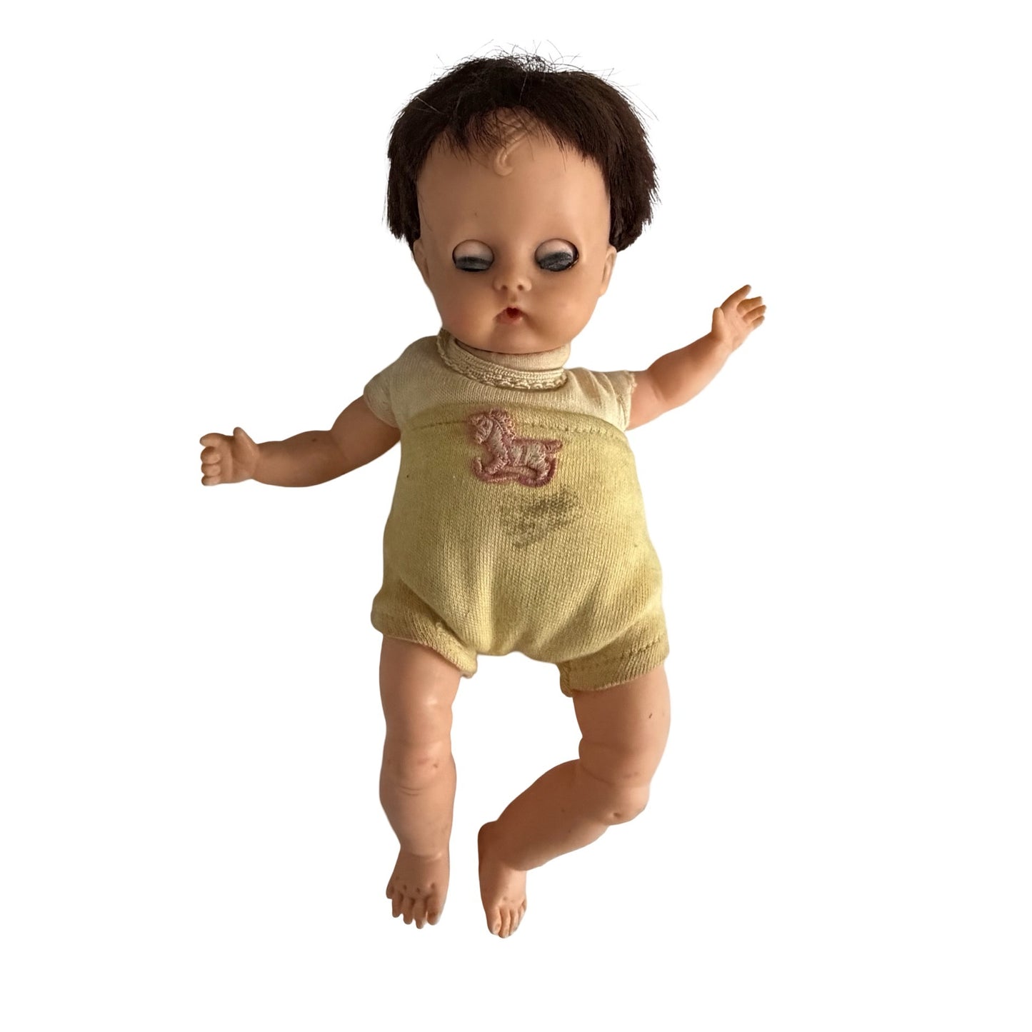 Vintage Vogue Doll Inc. Ginny Baby Doll 9” Sleep Eyes Brown Hair Yellow Romper