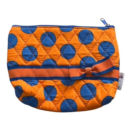 Vintage-Inspired Belvah Quilted Cosmetic Bag – Orange & Blue Polka Dots, Early 2010s, Bow Detail
