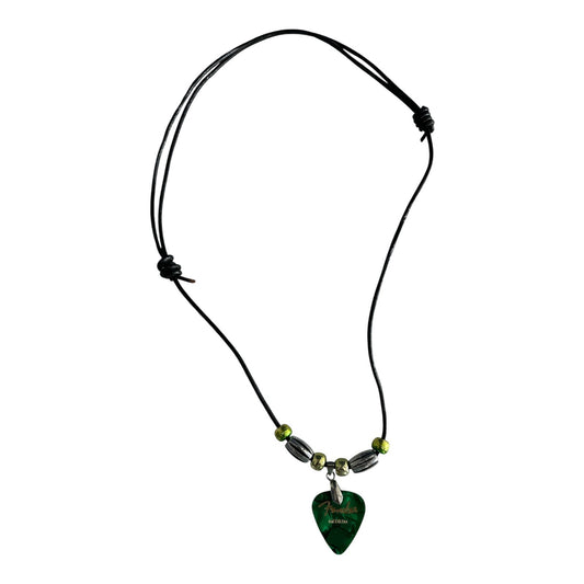 Handmade Fender Guitar Pick Necklace – Green Medium Pick with Beads on Black Cord – 15”