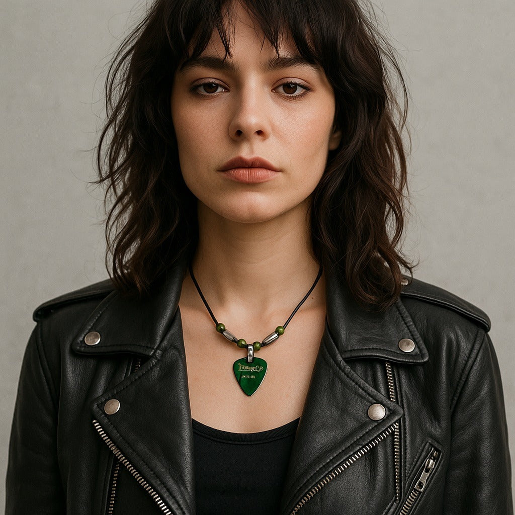 Handmade Fender Guitar Pick Necklace – Green Medium Pick with Beads on Black Cord – 15”