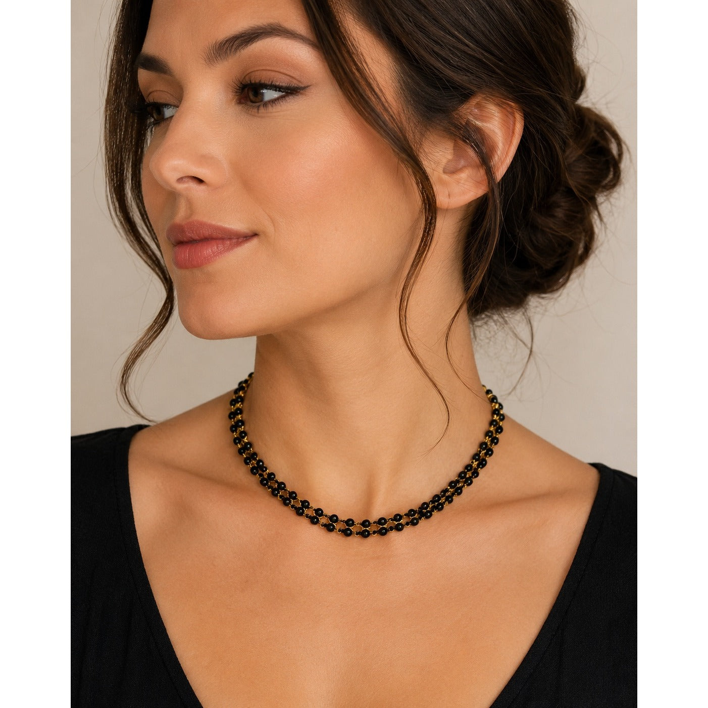 Trifari Black Beaded Necklace Gold Tone Chain Vintage Choker Necklace Signed