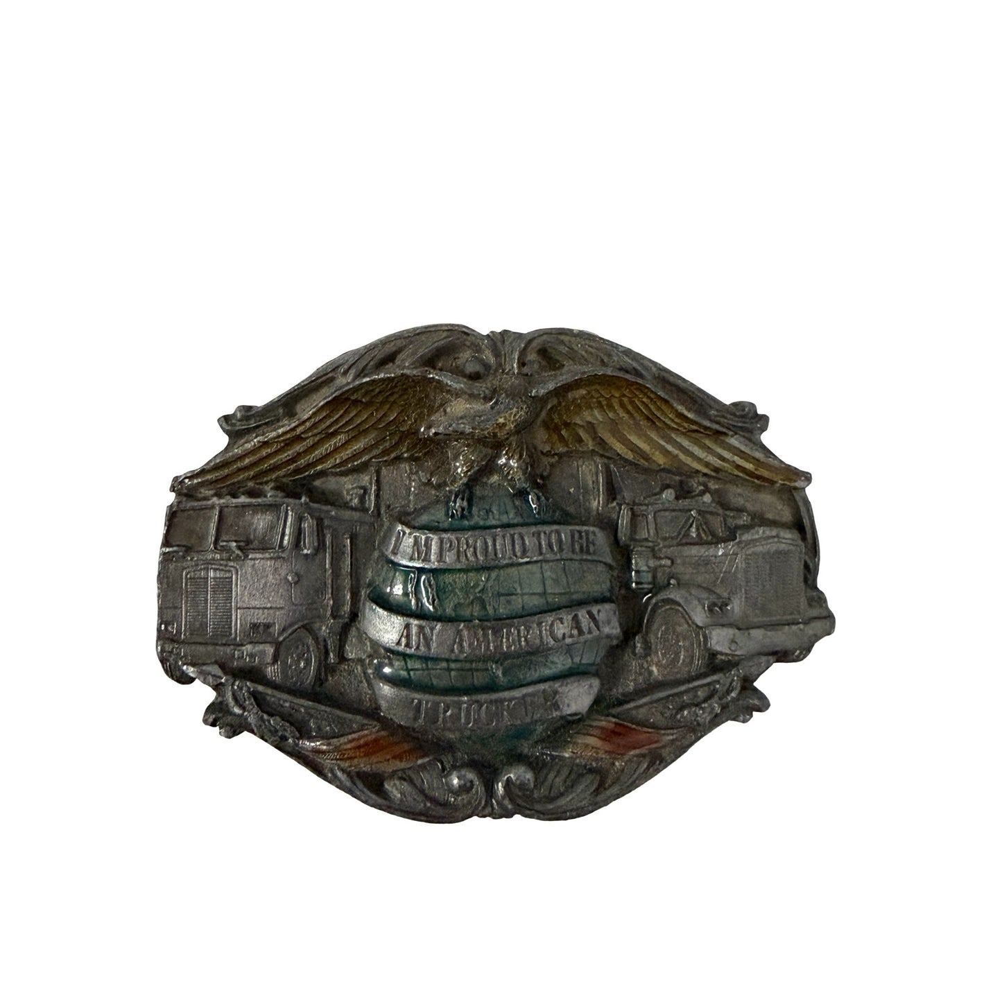 1986 Bergamot Brass Works American Trucker Belt Buckle Eagle Semi Truck Pewter USA