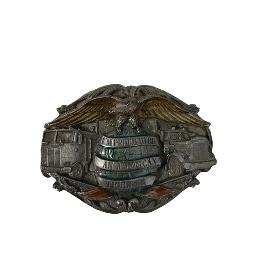 1986 Bergamot Brass Works American Trucker Belt Buckle Eagle Semi Truck Pewter USA
