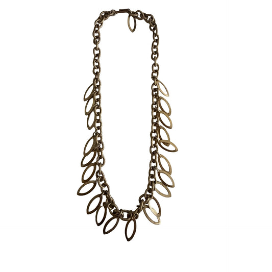 Vintage Gold Tone Leaf Dangle Statement Necklace 14 Inch Botanical Link Necklace