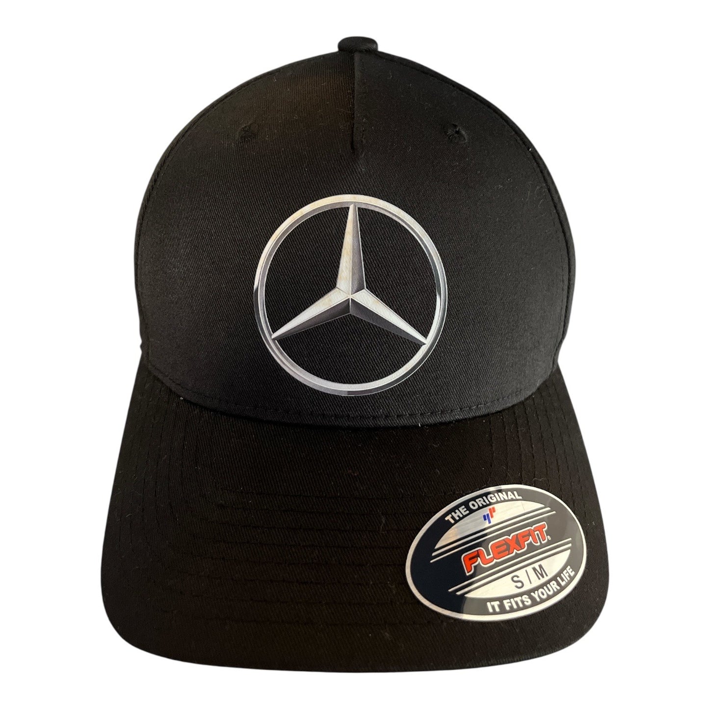 Mercedes-Benz Flexfit Black Baseball Cap Silver Logo Fitted Hat S/M