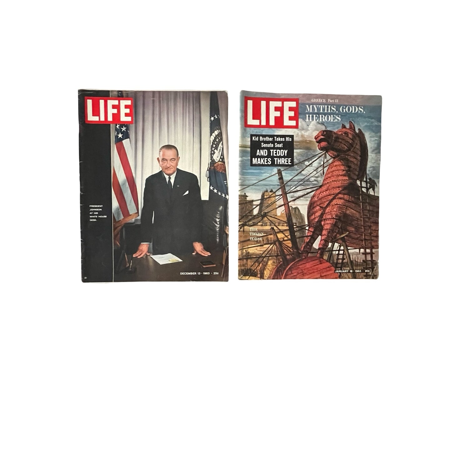 Vintage LIFE Magazine Lot 1963 LBJ Cover Greek Mythology Ads Coca Cola GE Viceroy