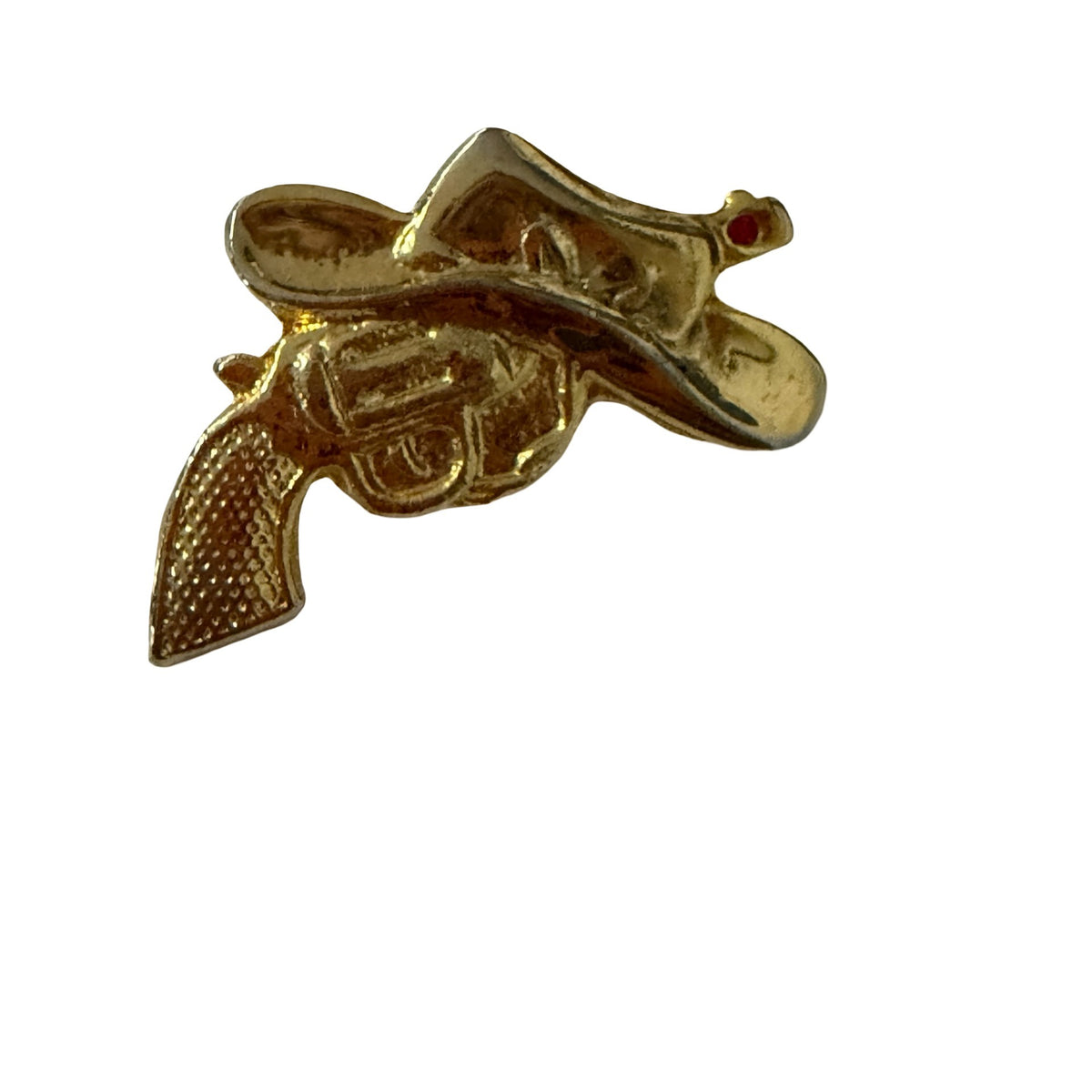 Vintage Gold Tone Cowboy Hat Revolver Gun Brooch Pin Western Rodeo Jewelry