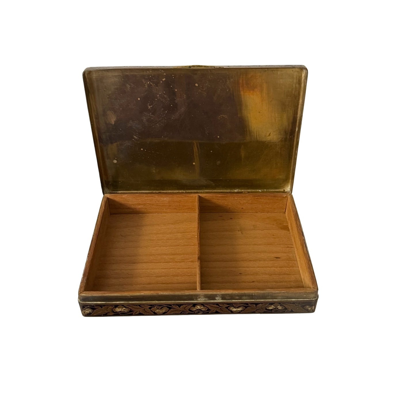 Vintage Pakistani Brass Clad Wood Trinket Box Floral Inlay Jewelry Box 6x4