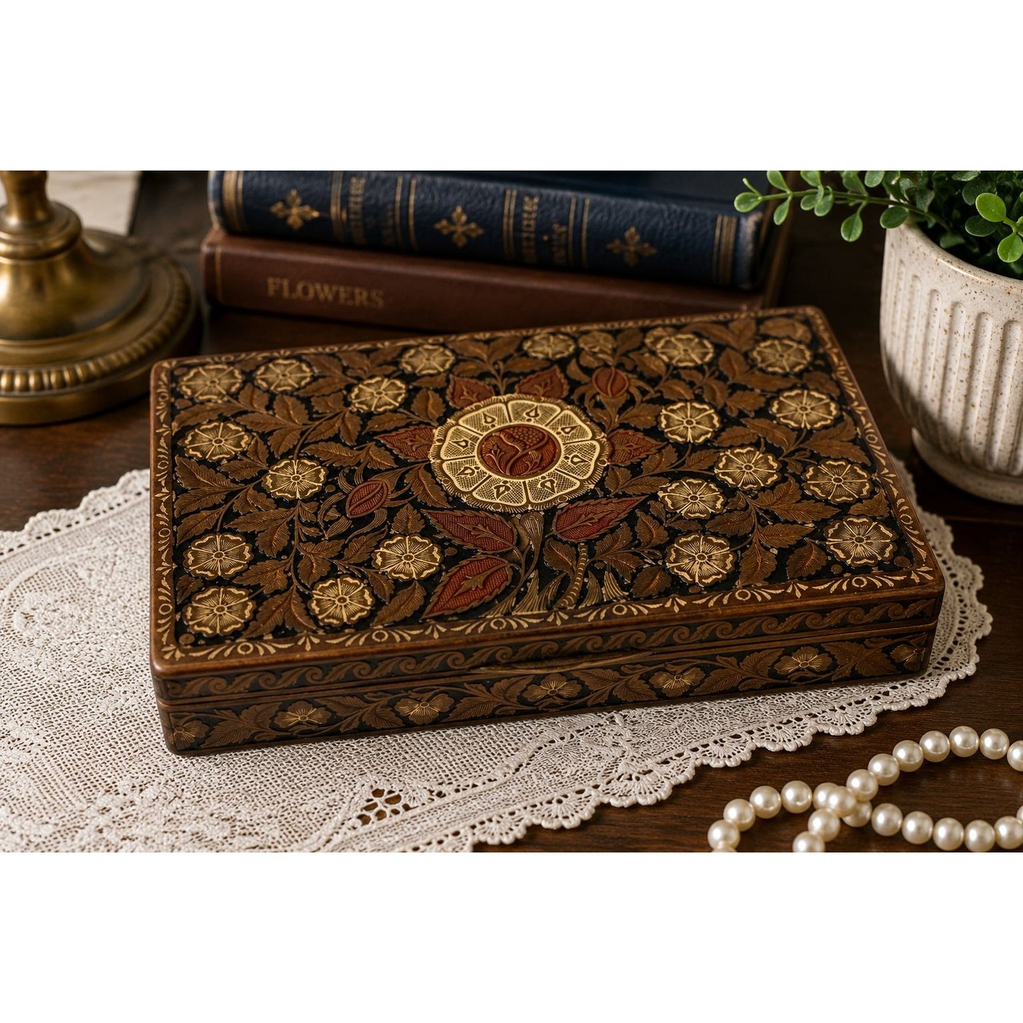 Vintage Pakistani Brass Clad Wood Trinket Box Floral Inlay Jewelry Box 6x4