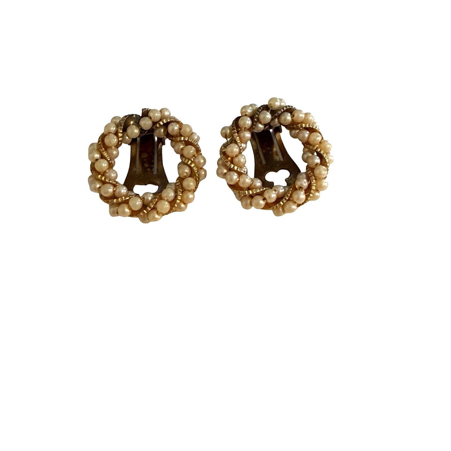 Vintage Faux Pearl Gold Tone Wreath Clip On Earrings Twisted Rope Round Retro