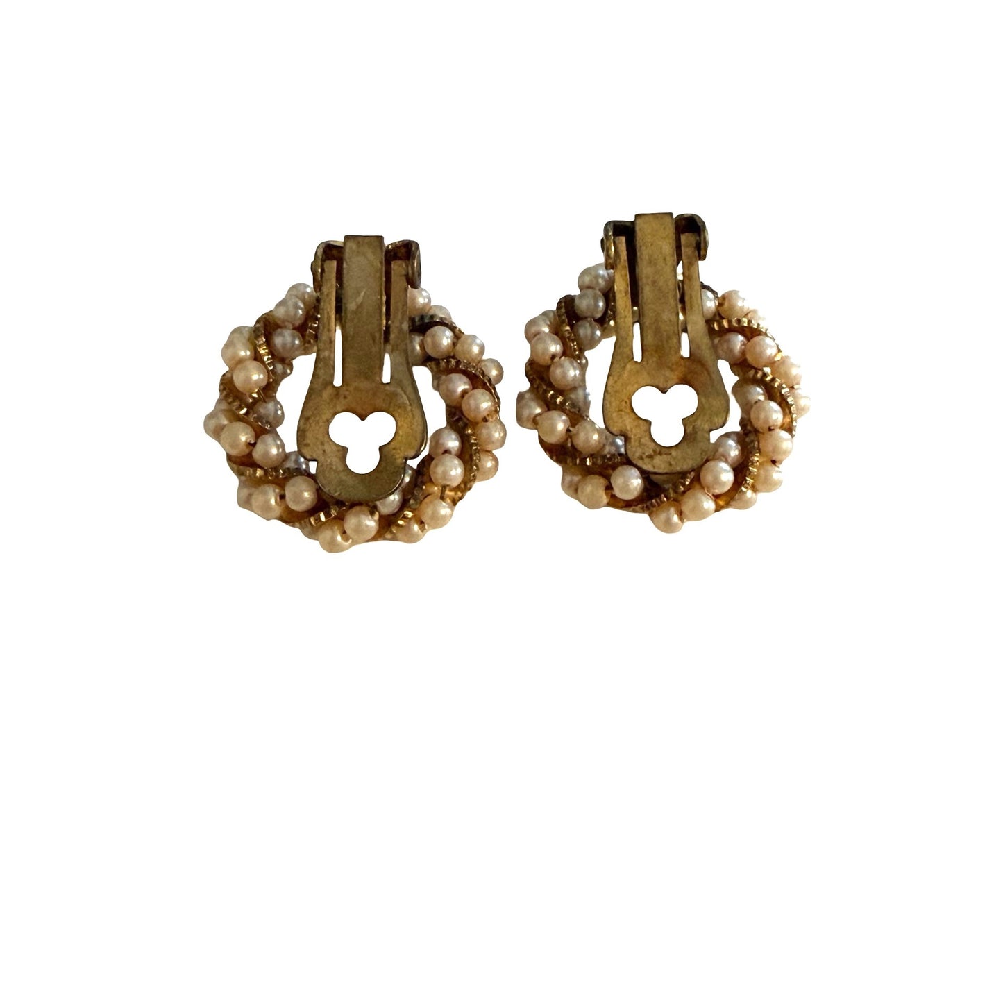 Vintage Faux Pearl Gold Tone Wreath Clip On Earrings Twisted Rope Round Retro