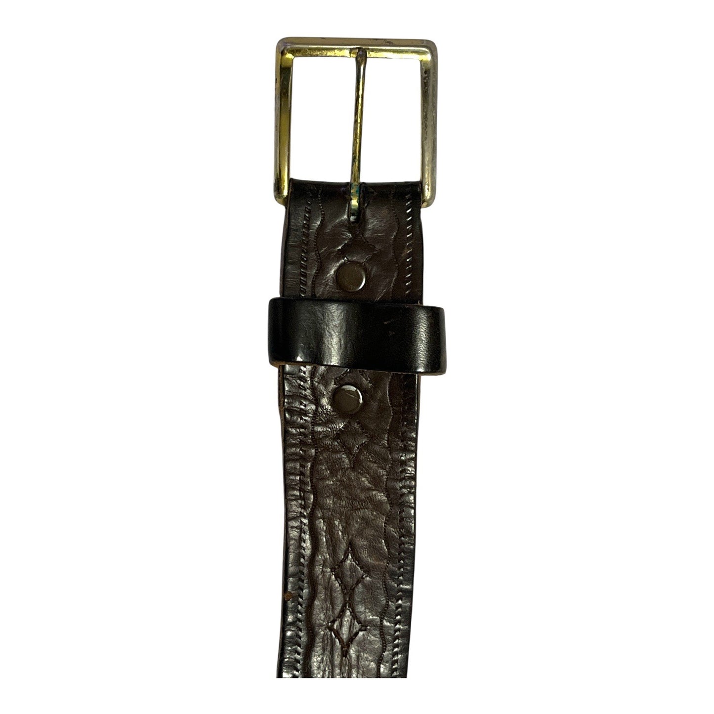 Vintage Brown Embossed Leather Belt 34” Brass Buckle Western Style