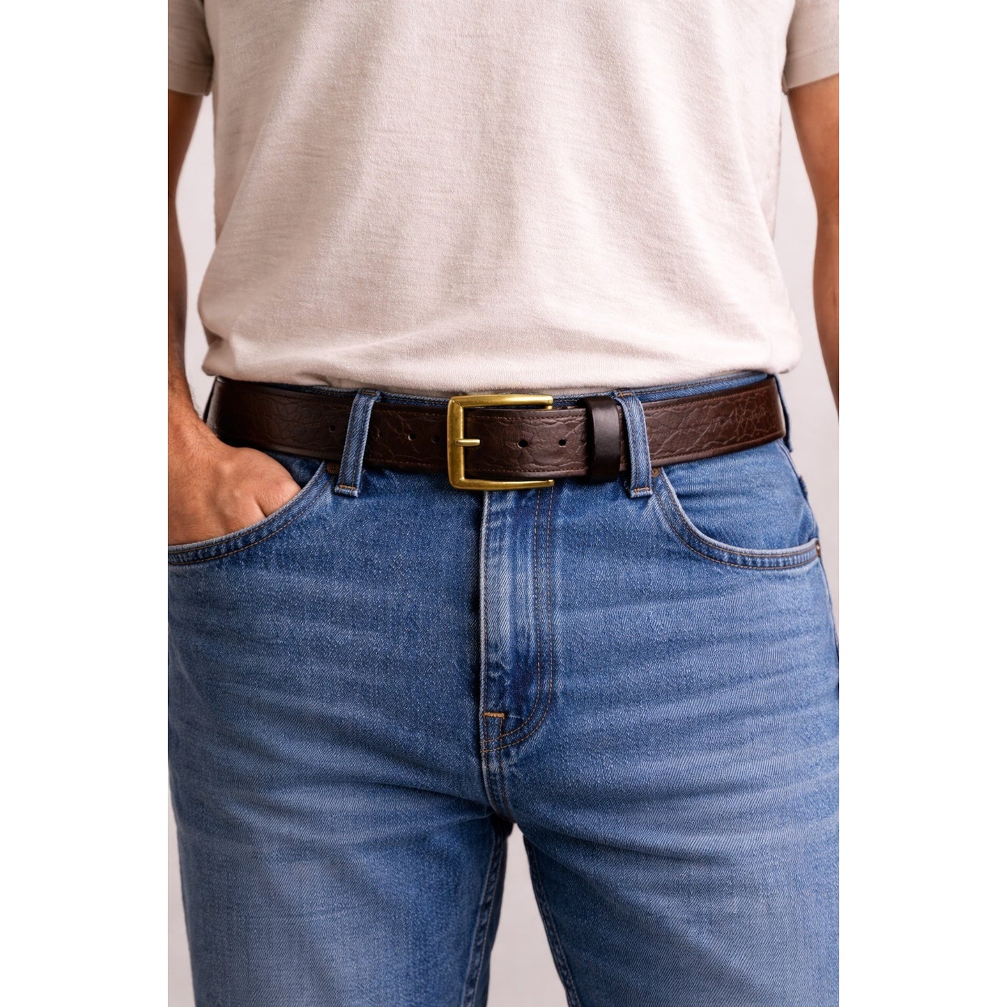 Vintage Brown Embossed Leather Belt 34” Brass Buckle Western Style