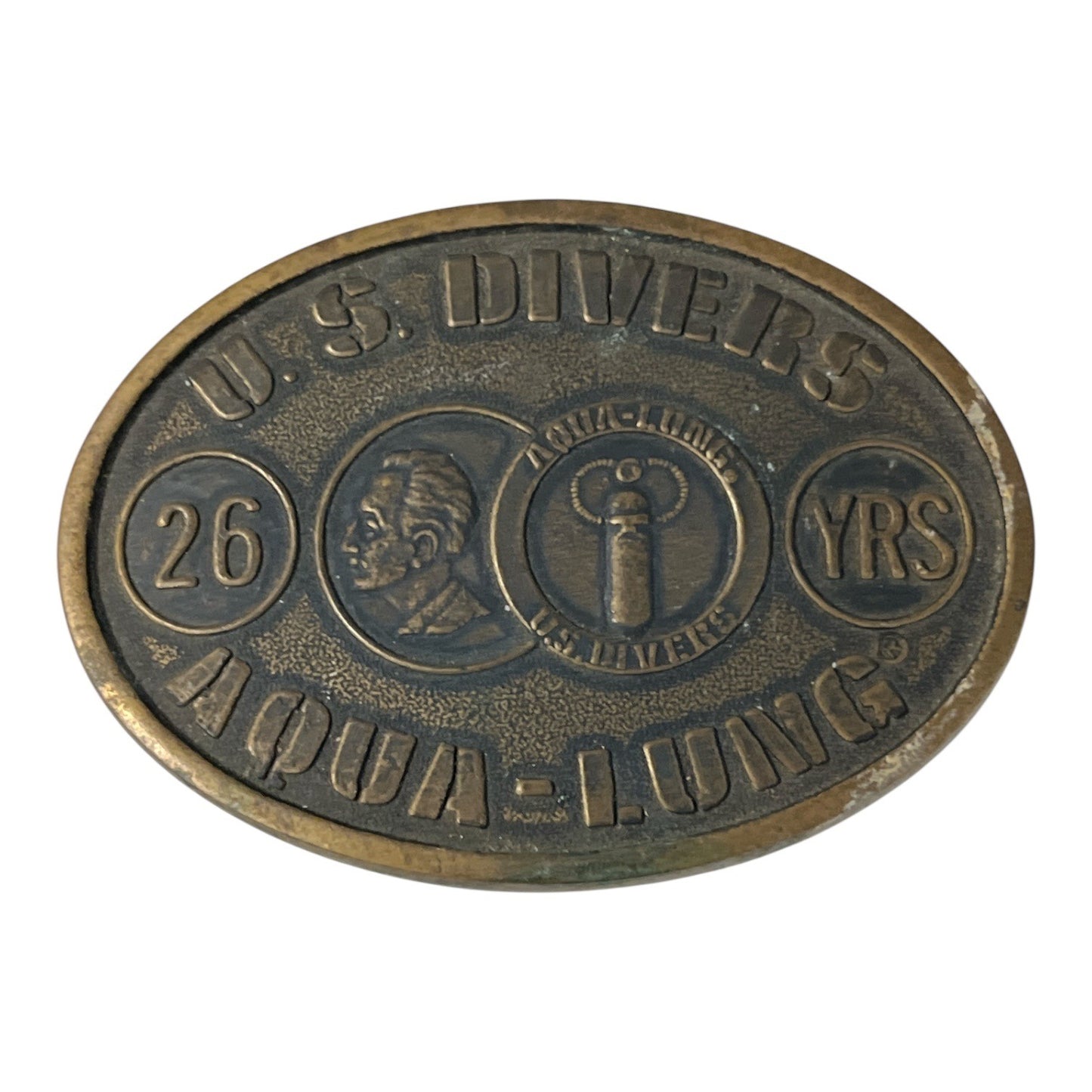 Vintage U.S. Divers Aqua-Lung Solid Brass Belt Buckle 26 Years Santa Ana CA Scuba