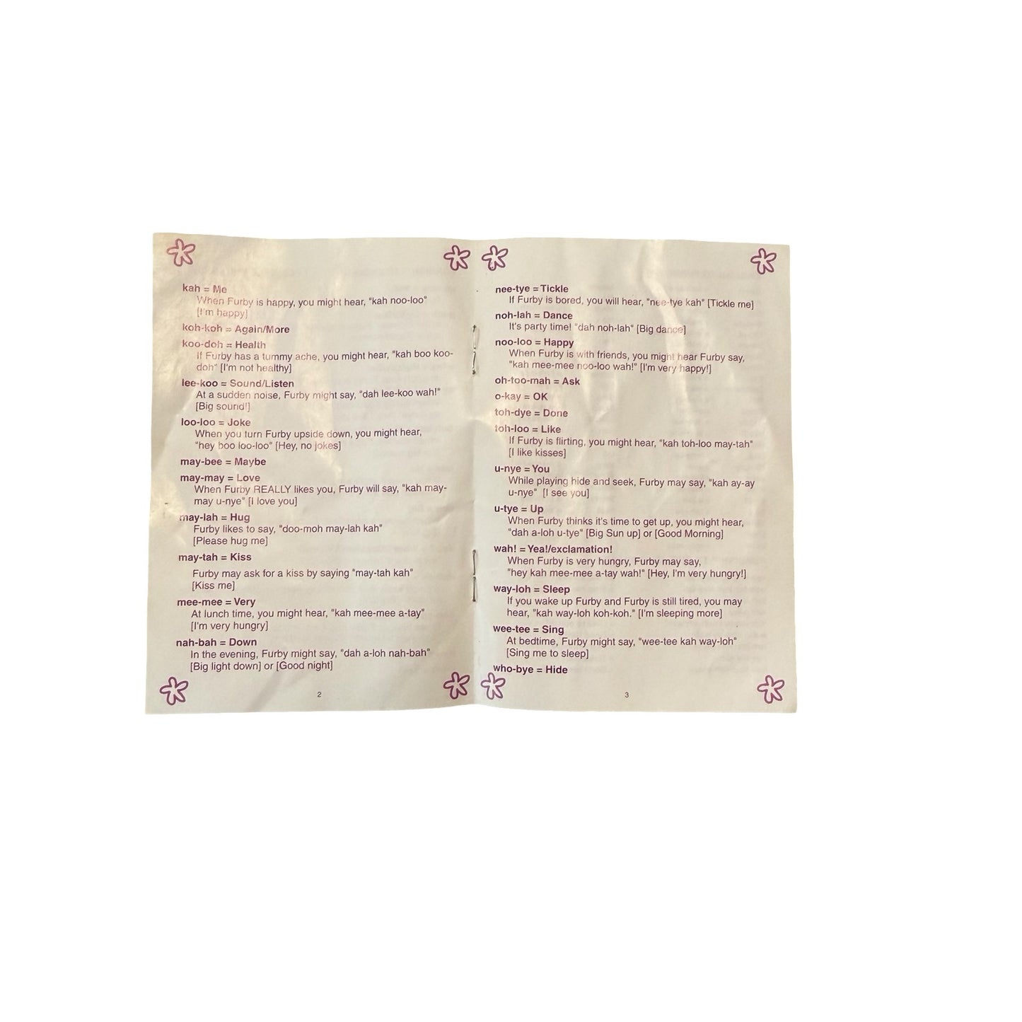 1999 Furby Furbish English Dictionary Booklet Tiger Electronics Hasbro Vintage Insert