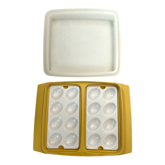 Vtg Tupperware Deviled Egg Carrier – Mustard Yellow 3-Pc Set – 2 Trays + Lid – 12x10x3 – 70s/80s