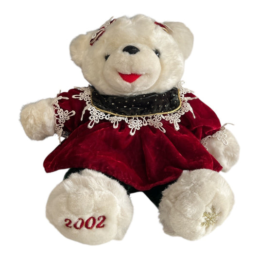 Dan Dee 2002 Christmas Teddy Bear Red Velvet Dress Holiday Plush 13 Inch