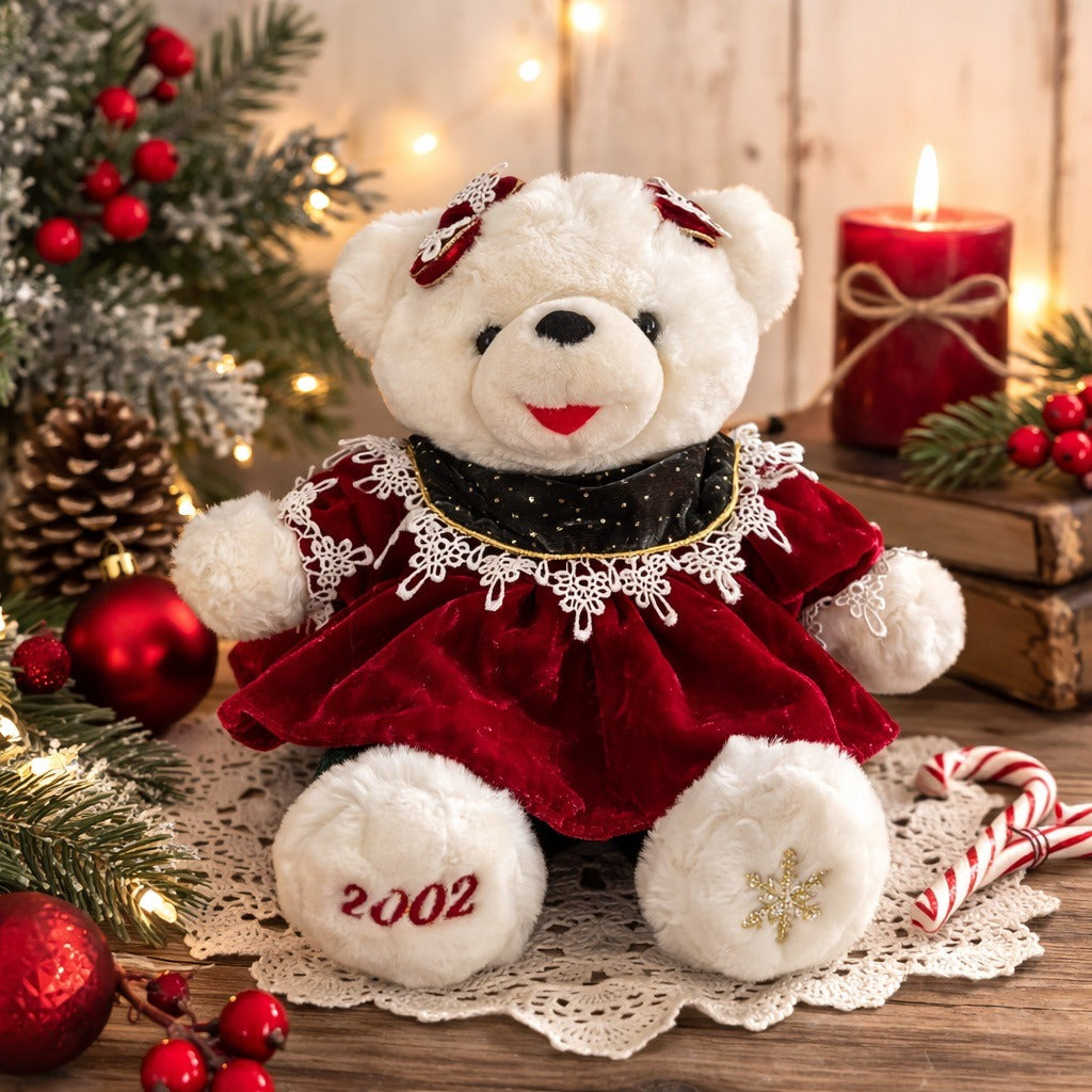 Dan Dee 2002 Christmas Teddy Bear Red Velvet Dress Holiday Plush 13 Inch