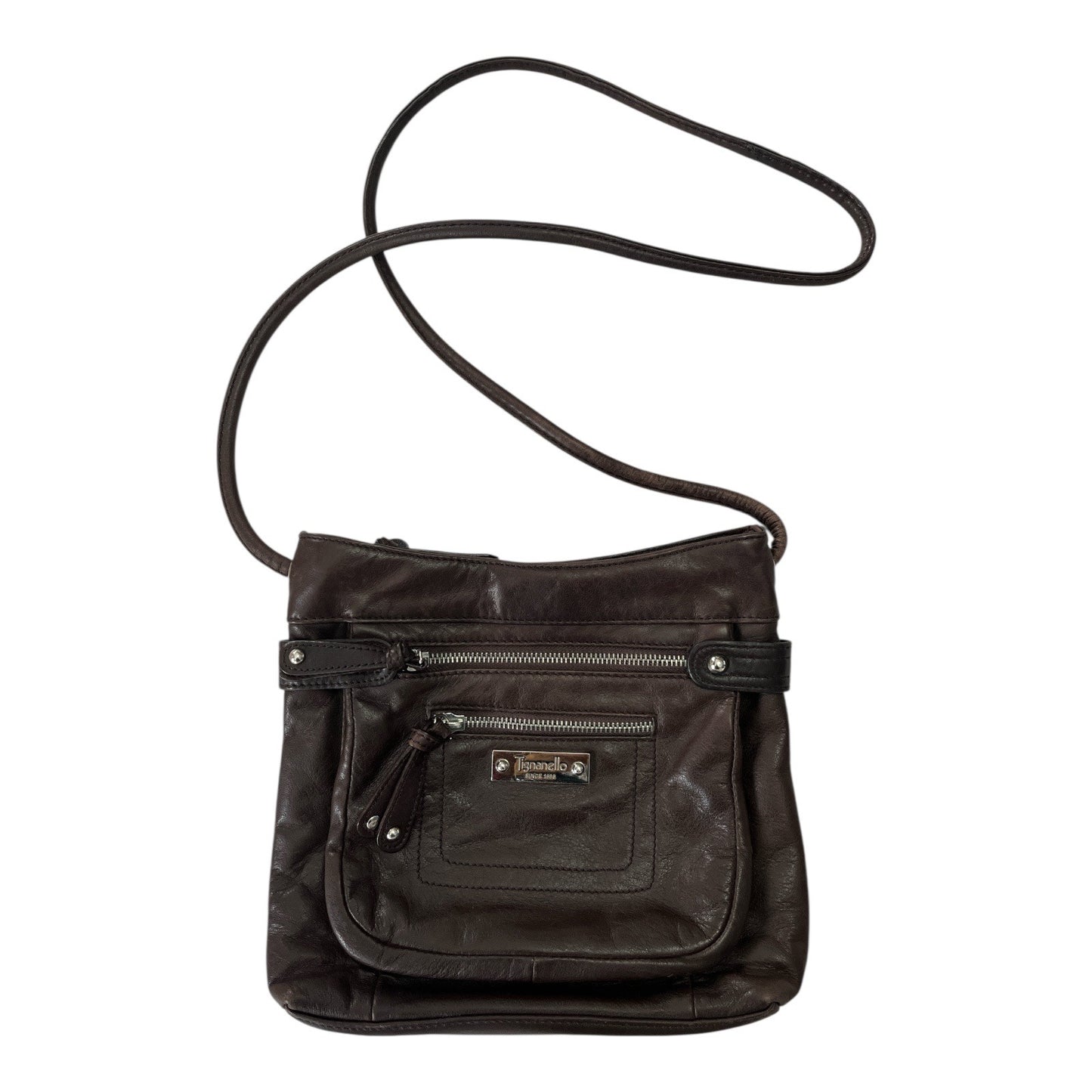 Tignanello Brown Leather Crossbody Bag – Striped Satin Lining, Multi-Pocket Organizer Purse