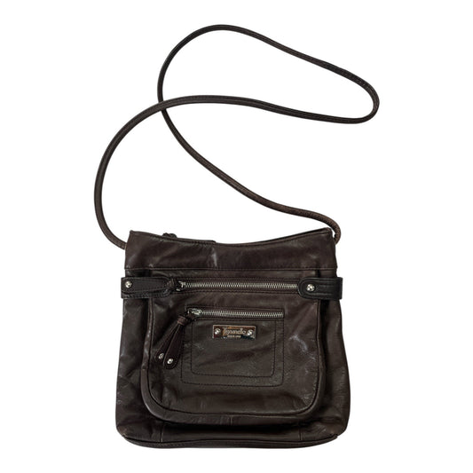 Tignanello Brown Leather Crossbody Bag – Striped Satin Lining, Multi-Pocket Organizer Purse