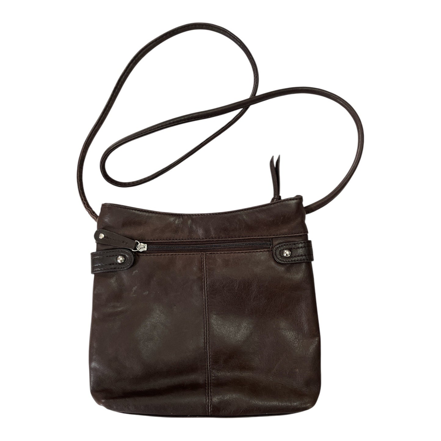 Tignanello Brown Leather Crossbody Bag – Striped Satin Lining, Multi-Pocket Organizer Purse