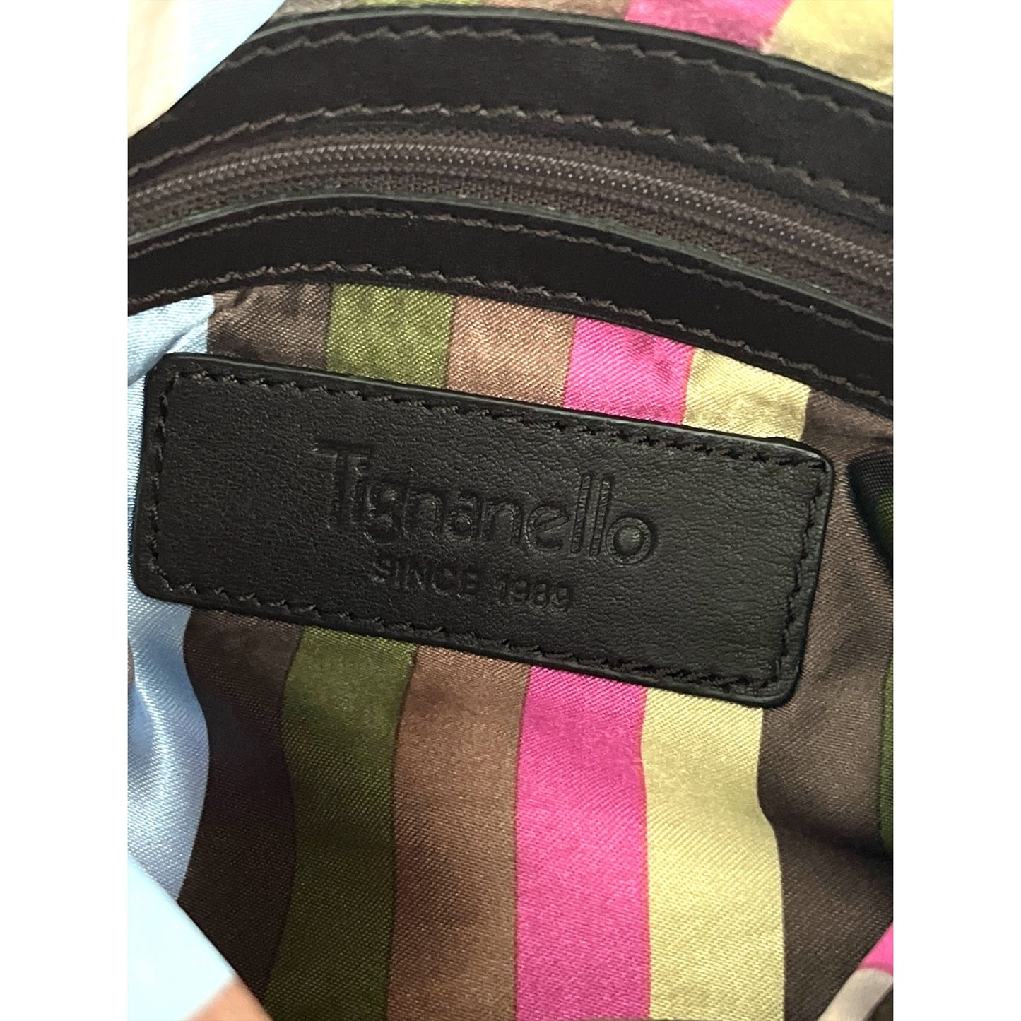 Tignanello Brown Leather Crossbody Bag – Striped Satin Lining, Multi-Pocket Organizer Purse