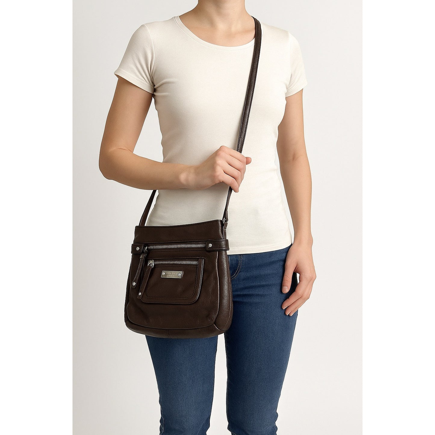 Tignanello Brown Leather Crossbody Bag – Striped Satin Lining, Multi-Pocket Organizer Purse
