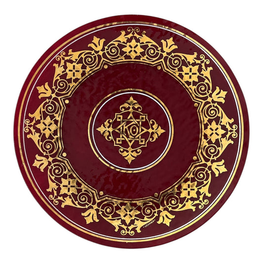 Vintage UCHNER Kokomo Opalescent Glass Plate – 12" Red & Gold – KO Emblem – Mid-Century Decorative Art Glass Wall Plate