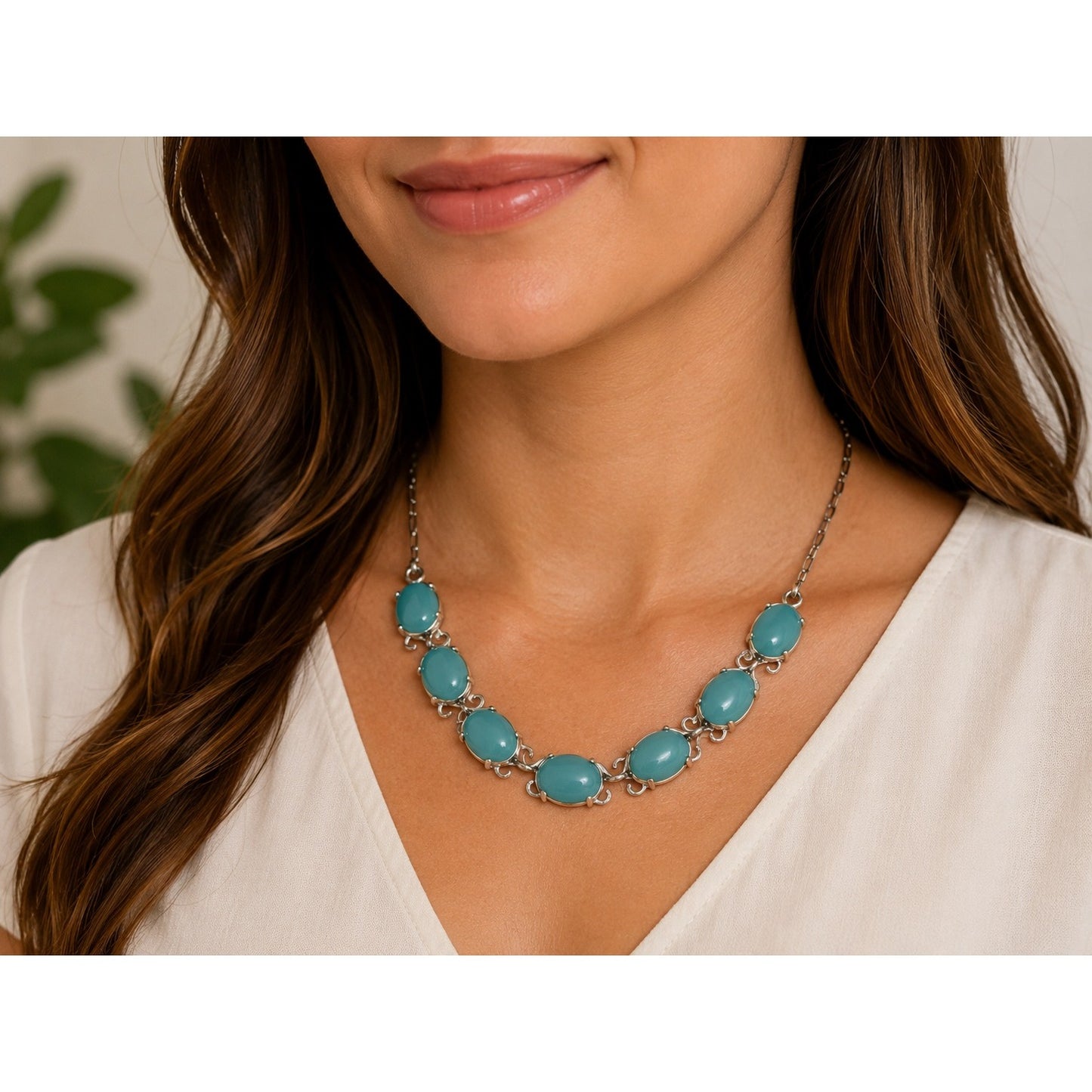 Vintage Mag Allan Turquoise Blue Thermoset Choker Necklace Silver Tone Link Necklace