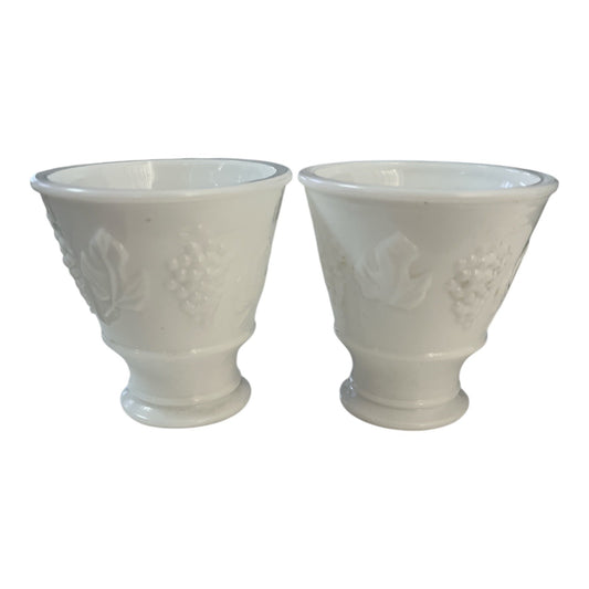 Vintage Milk Glass Pedestal Cups Pair KELN Industries 1965 Grape Leaf Design