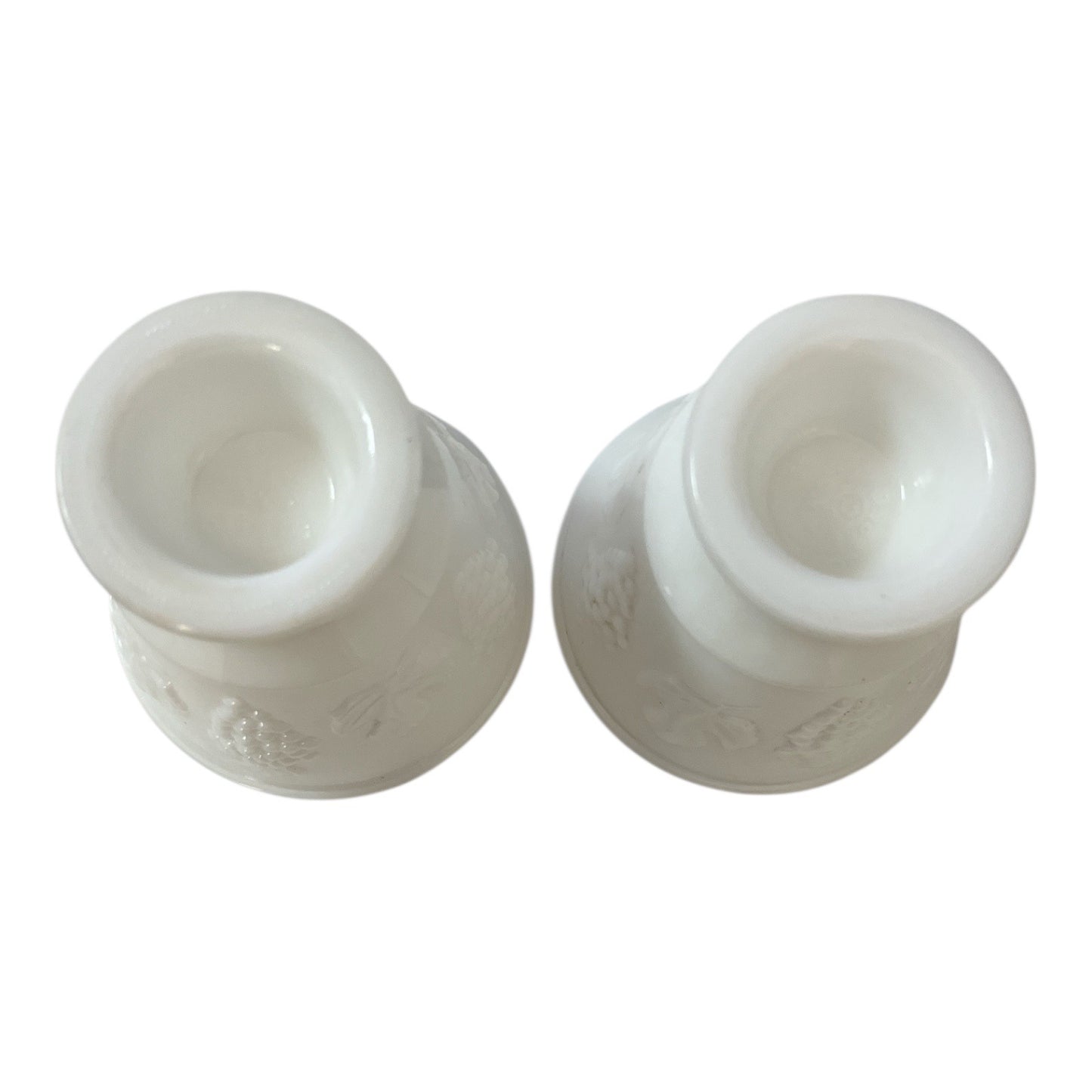 Vintage Milk Glass Pedestal Cups Pair KELN Industries 1965 Grape Leaf Design