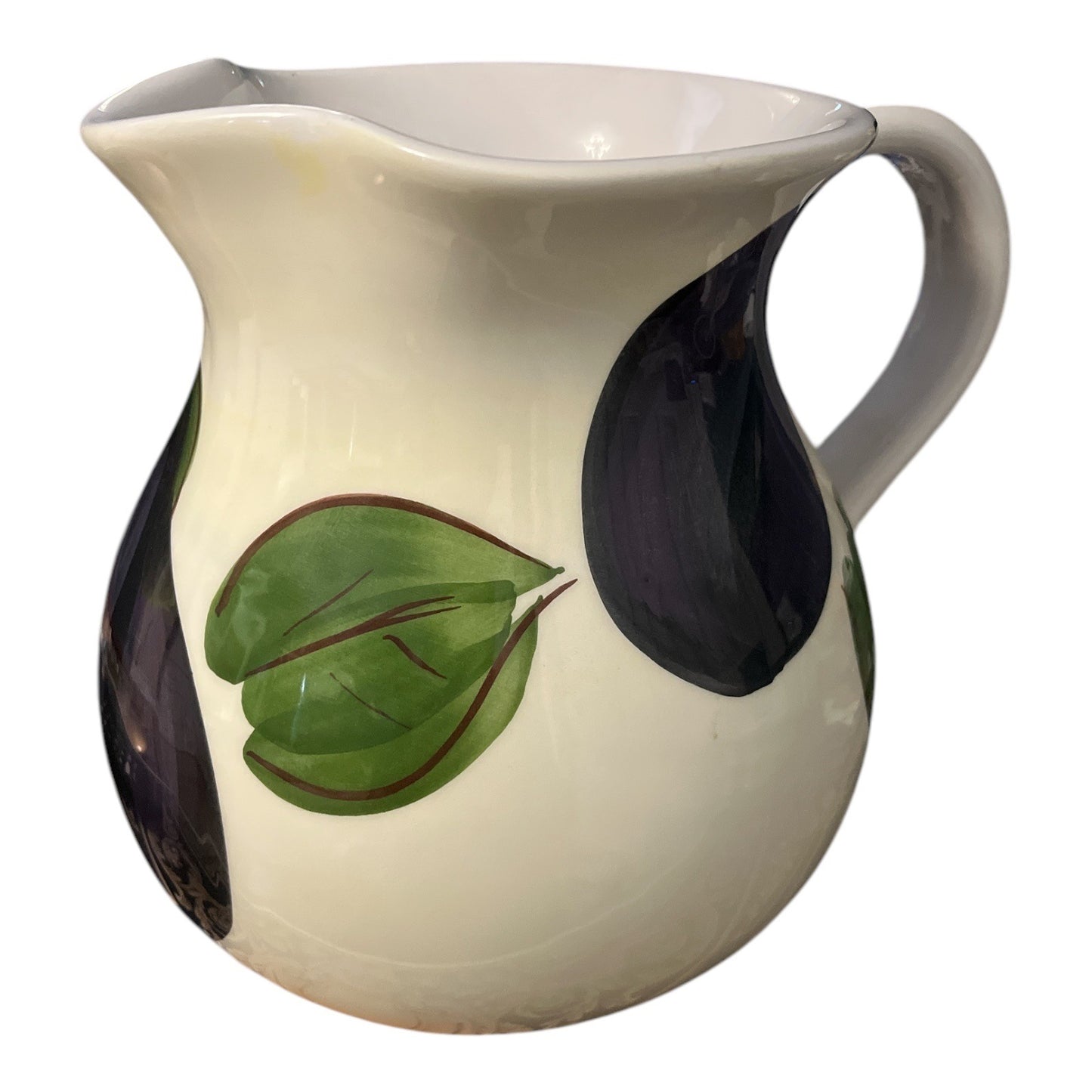 Hand-Painted Antica Fornace Italy Ceramic Pitcher With Eggplant & Leaf Design