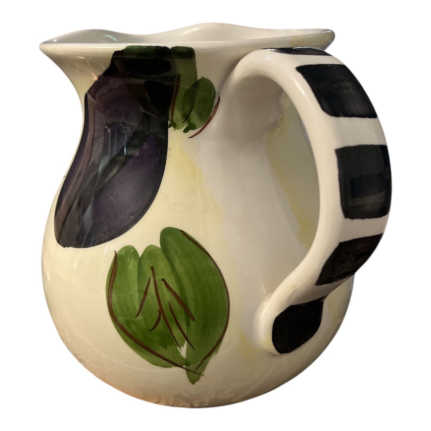 Hand-Painted Antica Fornace Italy Ceramic Pitcher With Eggplant & Leaf Design
